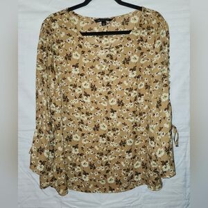 Zac & Rachel Women's Blouse Petite Large PL Floral Brown Sugar Tan Sleeve Boho
